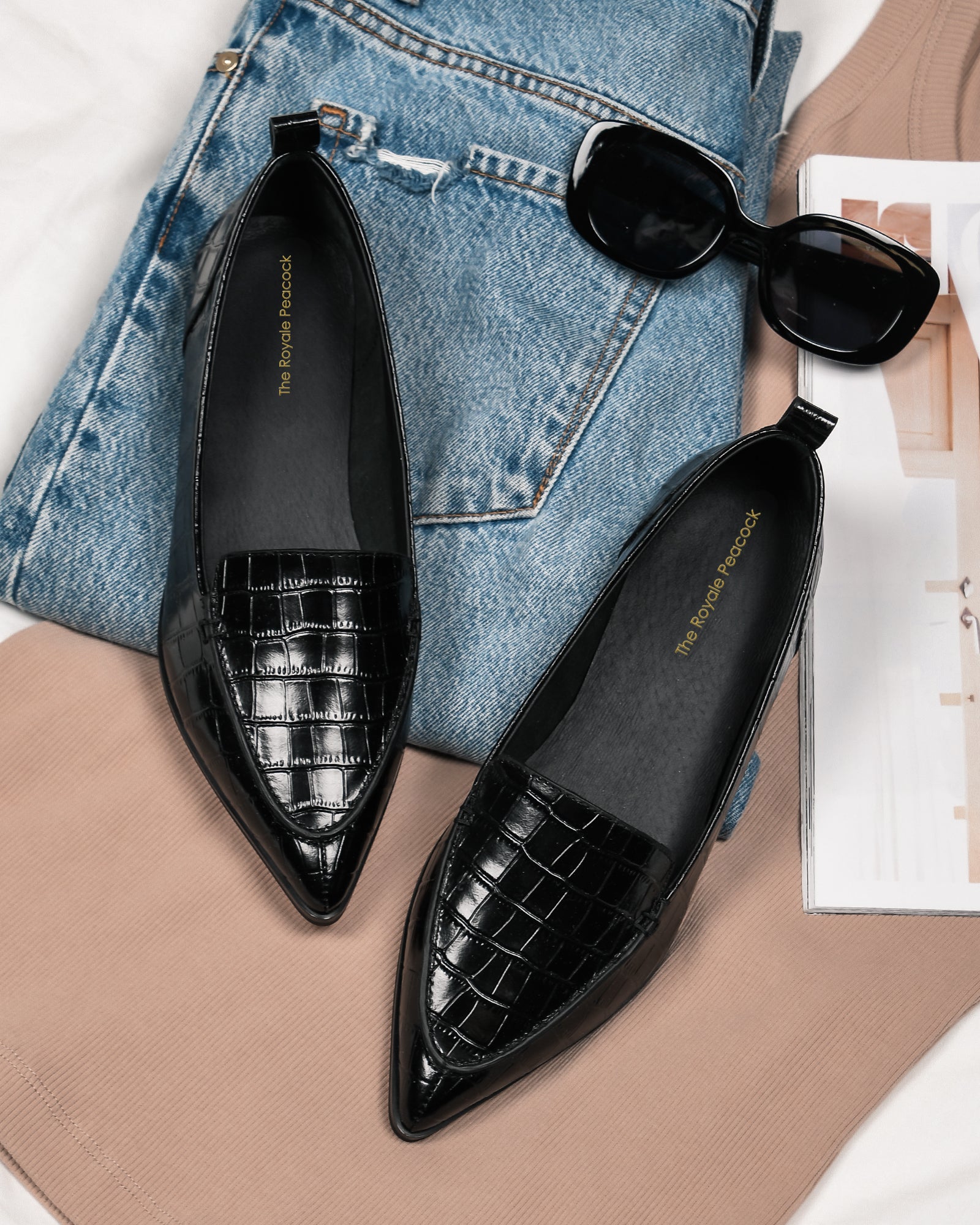 Aria Black Crocodile Print Pointy Flats for Women