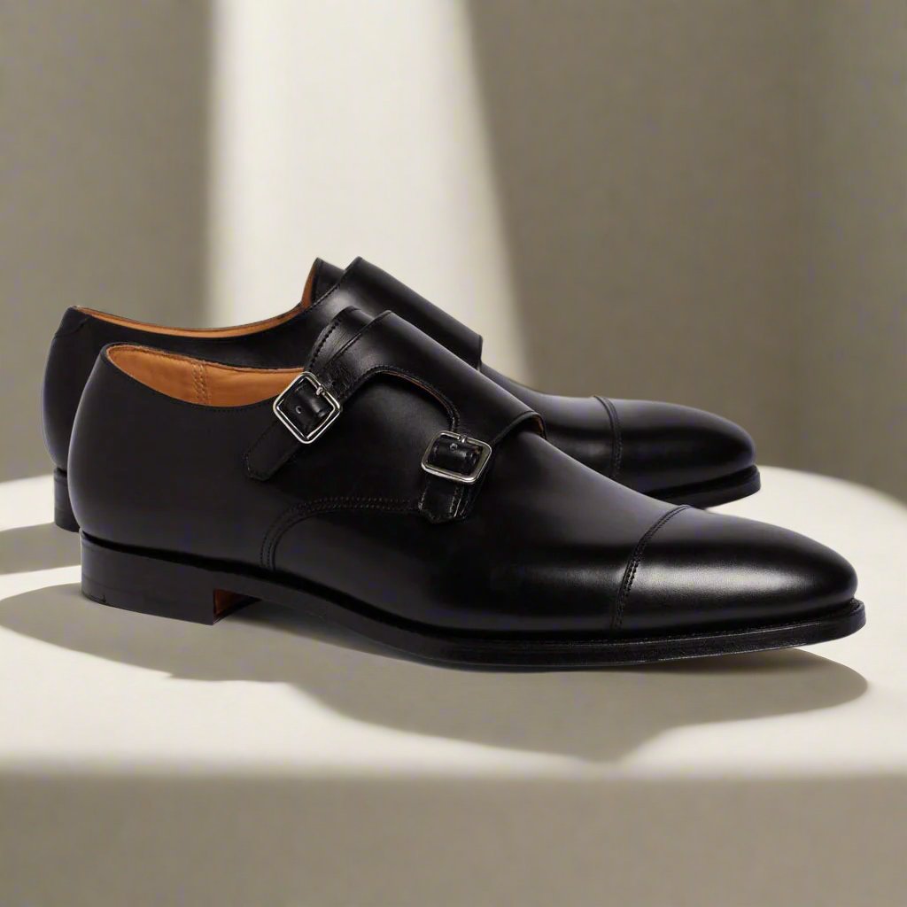 Black Leather Double Monkstrap Shoes for Men | The Royale Peacock